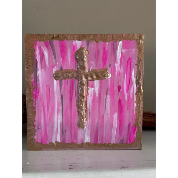 Gold Cross Wood Painting Hand Painted 5x5 Block White Raised Cross Pink Style - Picture 1 of 9